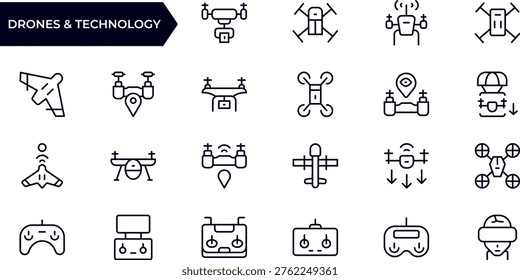 Drones and Technology Line Icon Set. Innovation and Aerial Tech Outline Vector Icons, Editable Stroke, Pixel Perfect for Web and Mobile