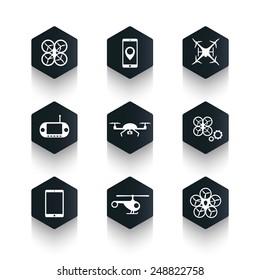 Drones trendy hexagonal icons dark set vector illustration, eps10, easy to edit