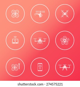 Drones, Tricopter, Multicopter, Quadrocopter round white icons, vector illustration, eps10, easy to edit
