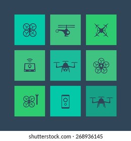 Drones, Tricopter, Multicopter, Quadrocopter square flat icons, vector illustration, eps10, easy to edit