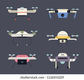 Drones of various designs. flat design style vector graphic illustration set