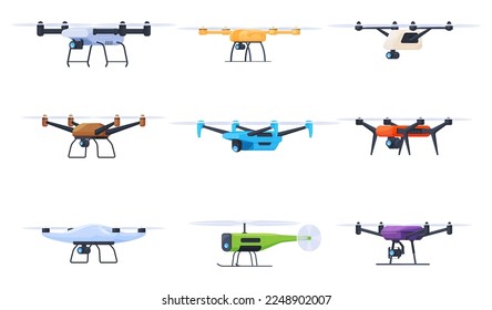 Drones for various tasks, surveillance, video recording, delivery of goods. Unmanned personal aircraft. Vector illustration