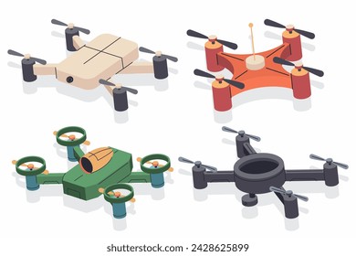 Drones vector cartoon set isolated on background.