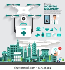 Drones Vector for elivery hospital in emergency accident.