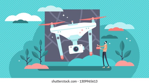 Drones vector illustration. Flat tiny RC fly gadget control person concept. Modern aviation technology to take areal pictures or video. Remote control wireless robot for fun, spy army and exploration.