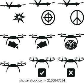 drones, vector illustration icons and logos set, logo, quadcopter with action camera , black and white, unmanned aircraft isolated on white background vector illustration.