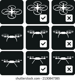 drones, iconos de ilustración vectorial y conjunto de logotipos, logotipo, cuadcopter con cámara de acción, blanco y negro, aeronaves no tripuladas aisladas en fondo blanco, ilustración vectorial.