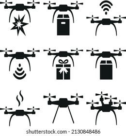 drones, vector illustration icons and logos set, logo, quadcopter with action camera, black and white, unmanned aircraft isolated on a white background, vector illustration.