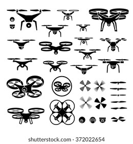 drones, iconos de ilustración vectorial y conjunto de logotipos, logotipo, cuadcopter con cámara de acción , blanco y negro, aeronaves no tripuladas aisladas en ilustración vectorial de fondo blanco.