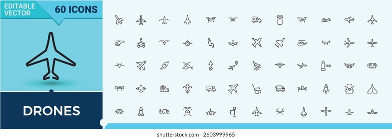 Drones vector line icon set. Contains outline symbols like transport, technology, aviation, aerial, camera and more. Trendy minimal icons. Air icon pack. Vector illustration. Pixel perfect.