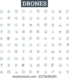 Iconos de línea vectorial Drones establecidos. Drones, cuádruples, vehículos aéreos no tripulados, robots voladores, multirotores, autonómos, símbolos y señales de esquema de ilustración de control remoto