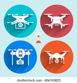 Drones vector set. Flat design element drone and controller connecting. Illustrate