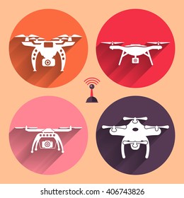 Drones vector set. Flat design element drone and controller connecting. Illustrate