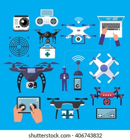 Drones vector set. Flat design element drone and controller connecting. Illustrate