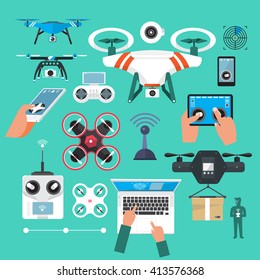 Drones vector set. Flat design element drone and controller connecting. Illustrate