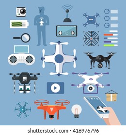 Drones vector set. Flat design element drone and controller connecting. Illustrate