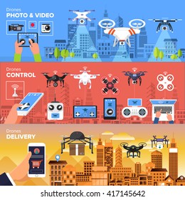 Drones vector set. Flat design element drone and controller connecting. Illustrate