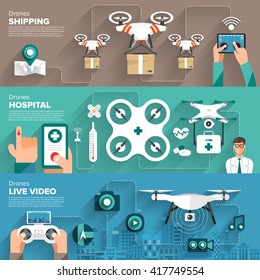 Drones vector set. Flat design element drone and controller connecting to photo, video, hospital and shipping. Illustrate