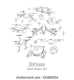 Drones vector set Hand drawn element drone and controller connecting. Isolated vector illustration