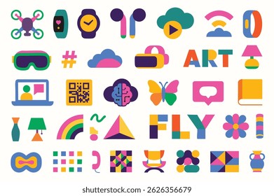 Drones, VR headsets, wearables and rainbow clouds—friendly tech icons for apps, infographics and startups.