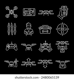 Drones, white line icons. Quadcopters and multicopters, repair and service symbols. Ideal for technology and recreational themes. Symbols on black background. Editable stroke.