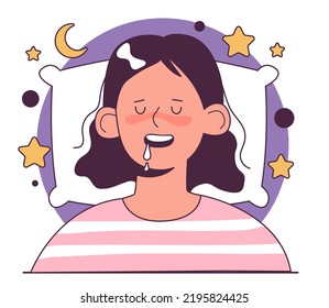 Drooling during sleep. Female character sleeping with her mouth open and saliva dripping. Sleep problem. Flat vector illustration