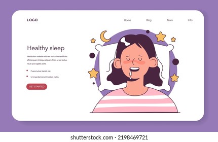 Drooling during sleep web banner or landing page. Female character sleeping with her mouth open and saliva dripping. Sleep problem. Flat vector illustration