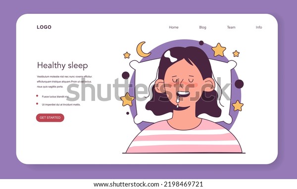 Drooling during sleep web banner or landing\
page. Female character sleeping with her mouth open and saliva\
dripping. Sleep problem. Flat vector\
illustration