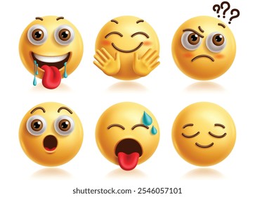 Emoji-Zeichen werden abgelegt, Vektorsatz. Emojis 3D-Ikone ClipArt-Figuren in hungrig, Frage stellen, Überraschung, müde, Stress und ruhigen Gesichtsausdruck gelbe runde Elemente. Vektorgrafik 