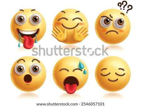 Drooling emoji characters vector set. Emojis 3d icon clip art characters in hungry, asking question, surprise, tired, stress and calm facial expression yellow round elements. Vector illustration 