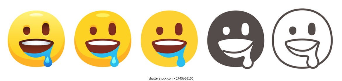 Drooling emoji. Funny yellow face with saliva drooling from mouth corner. Drool emoticon flat vector icon set