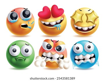 Conjunto de personajes de Vector de emoji babeando. Emojis 3d carácter Clipart como en el amor, tos, obsesionado, ojo de estrella, enfermo, enojado y frías expresiones faciales en el fondo blanco. babeo de Ilustración vectorial