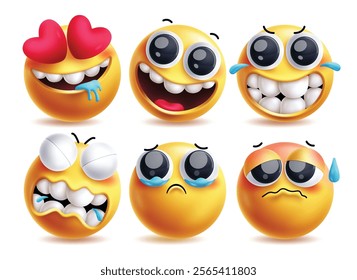 Drooling emoji vector characters set. Emojis clip art like in love, cute smiling, funny, crying, sad and sick facial expression yellow icon 3d graphic design. Vector illustration drooling emoji 