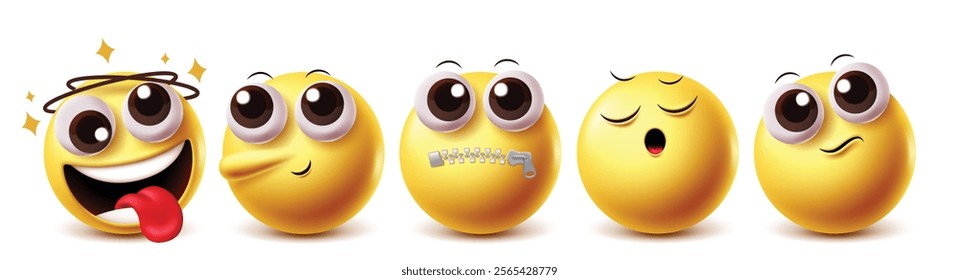 Drooling emoji vector characters set. Clipart emojis in dizzy, pinocchio, dumb, stress and confuse facial expressions yellow icon graphic elements. Vector illustration drool emoji clip art collection 