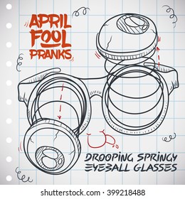 Drooping springy eyeball glasses draw in a notebook paper to do funny pranks in April Fools' Day.