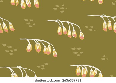 Droopy flowers on horizontal branches with textures in a minimalist botanical pattern in colors of peach, off white and yellow on green background. Seamless vector pattern.Great for home decor, fabric