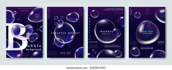 Drop, abstract poster. Soap bubbles background. Black design paint, cover design, iridescent pattern, vertical banner template, abstract flyer. Realistic transparent spheres vector futuristic gradient