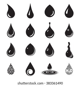 Drop, aqua, fluid symbols. Black droplet icons isolated on a white background. Vector illustration