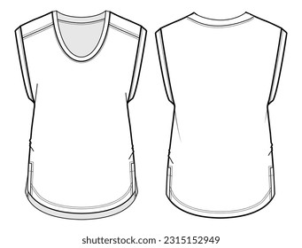 Vista frontal y posterior de la camiseta de la manga del taladro del brazo de gota. Ilustración de moda, vector, CAD, dibujo técnico, plano, plantilla, maquillaje