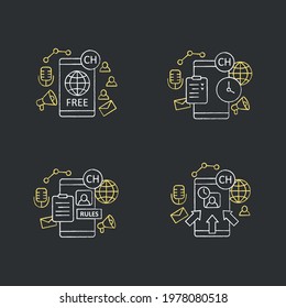 Drop in audio app chalk icons set.Communication application with friends.Application rules, raped popularity, waitlist, free app. Isolated vector illustrations on chalkboard