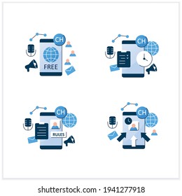 Drop in audio app flat icons set.Communication application with friends.Application rules, raped popularity, waitlist, free app.Voice communication concept.3d vector illustrations