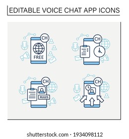 Colocar iconos de la línea de la aplicación de audio.Aplicación de comunicación con amigos.Reglas de aplicación, popularidad violada, lista de espera, aplicación gratuita.Concepto de comunicación de voz.Ilustración vectorial aislada.Icono editable