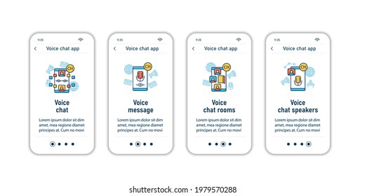 Drop in audio app onboarding mobile app screens. Application rules steps menu. Voice chat and message, rooms, speakers. Set of UI, UX, web template with RGB color linear icons