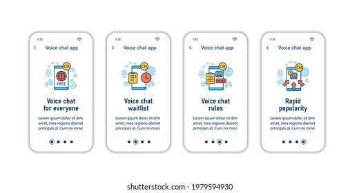 Colocar aplicaciones de audio en pantallas de aplicaciones móviles. Menú de pasos de reglas de aplicación. App gratis, camarero, rápida popularidad. Conjunto de UI, UX, plantilla web con iconos lineales de color RGB