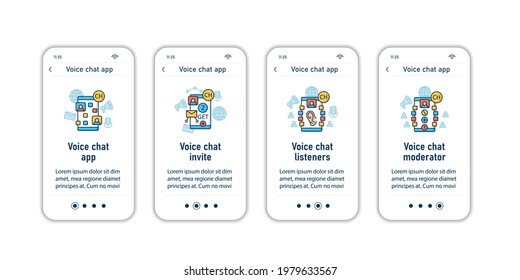 Drop in audio app onboarding mobile app screens. Application rules steps menu.Chat invitation link, listeners, moderator.Set of UI, UX, web template with RGB color linear icons