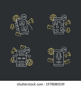 Drop in audio chalk icons set. Communication application with friends.Voice messaging, chat. Voice communication concept.Isolated vector illustrations on chalkboard