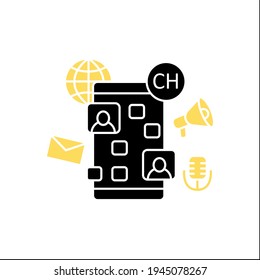 Drop in audio chat app glyph icon. Communication application with friends. Voice communicate concept. Filled flat sign. Isolated silhouette vector illustration