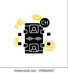 Icono de glifo de chat de audio. Diálogo entre personas. Chateando. Aplicación de comunicación con amigos. Concepto de comunicación de voz. Señal plana rellena. Ilustración vectorial de silueta aislada