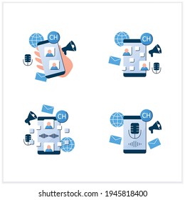 Drop in audio flat color icons set. Communication application with friends.Voice messaging, chat. Voice communication concept. 3d vector illustrations