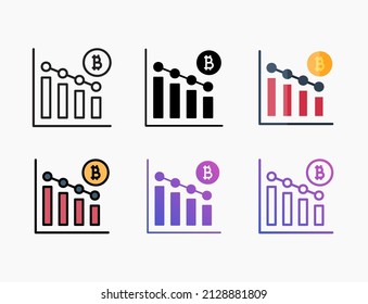 Drop Bitcoin chart bar icon set with line, outline, flat, filled, glyph, color, gradient. Editable stroke and pixel perfect. Can be used for digital product, presentation, print design and more.